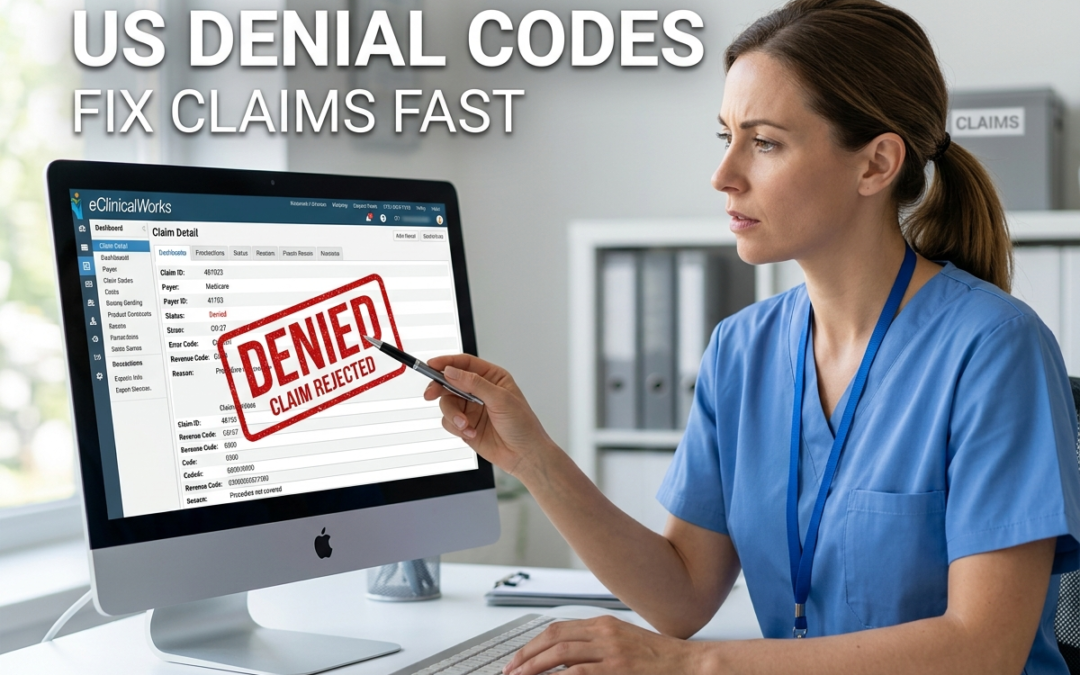 Healthcare worker reviewing a "Claim Rejected" notification on a computer to fix billing errors.