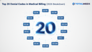 Top 20 denial codes in U.S. medical billing showing CO-16, CO-18, CO-29, CO-45 and other common claim denial codes