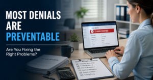 Medical billing specialist reviewing denied claim screen “Most Denials Are Preventable