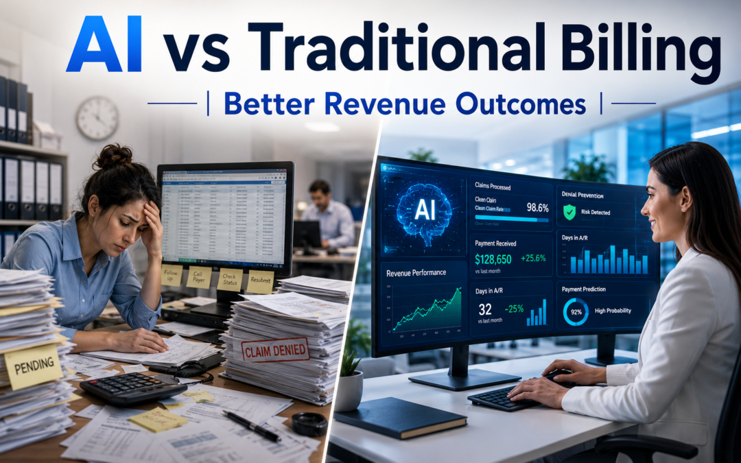 Split-screen comparison of AI vs traditional medical billing showing automation, claims, and revenue outcomes