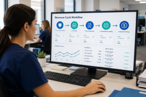 Healthcare billing specialist in a modern office reviewing a digital dashboard showing an automated revenue cycle workflow from insurance verification to payment posting.