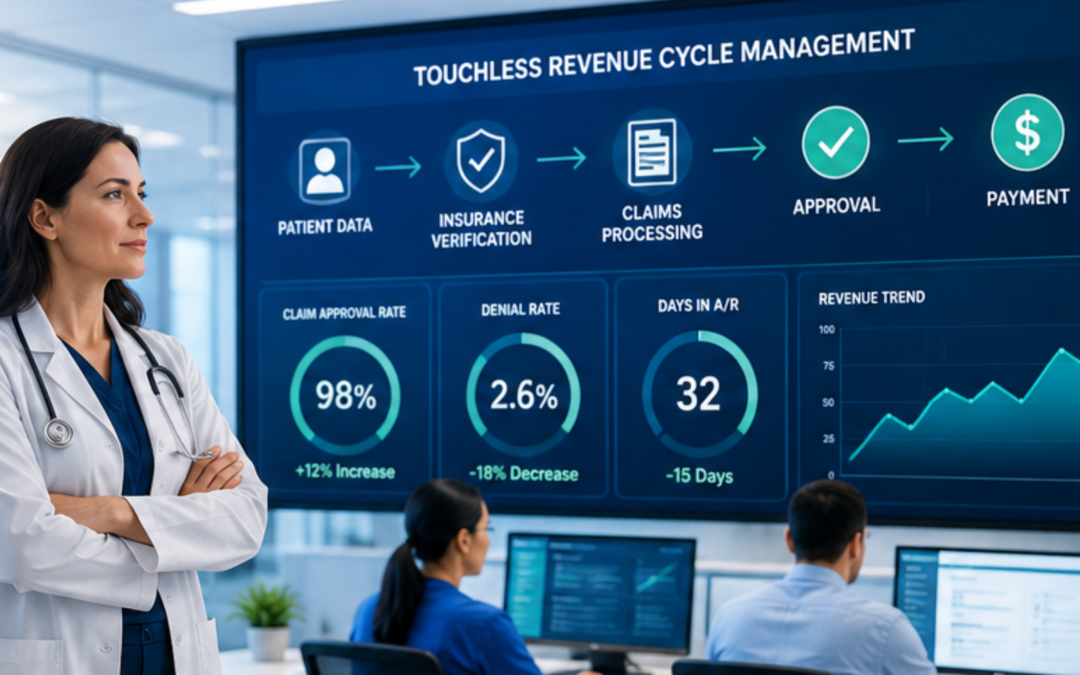 A professional medical billing team working in a modern office with an AI-powered Revenue Cycle Management.