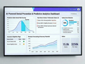 A realistic hospital billing specialist reviews an automated revenue cycle dashboard showing insurance verification.