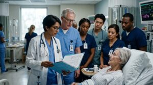 Healthcare professionals analyzing patient reports and analytics dashboards to track outcomes, trends, and operational performance.